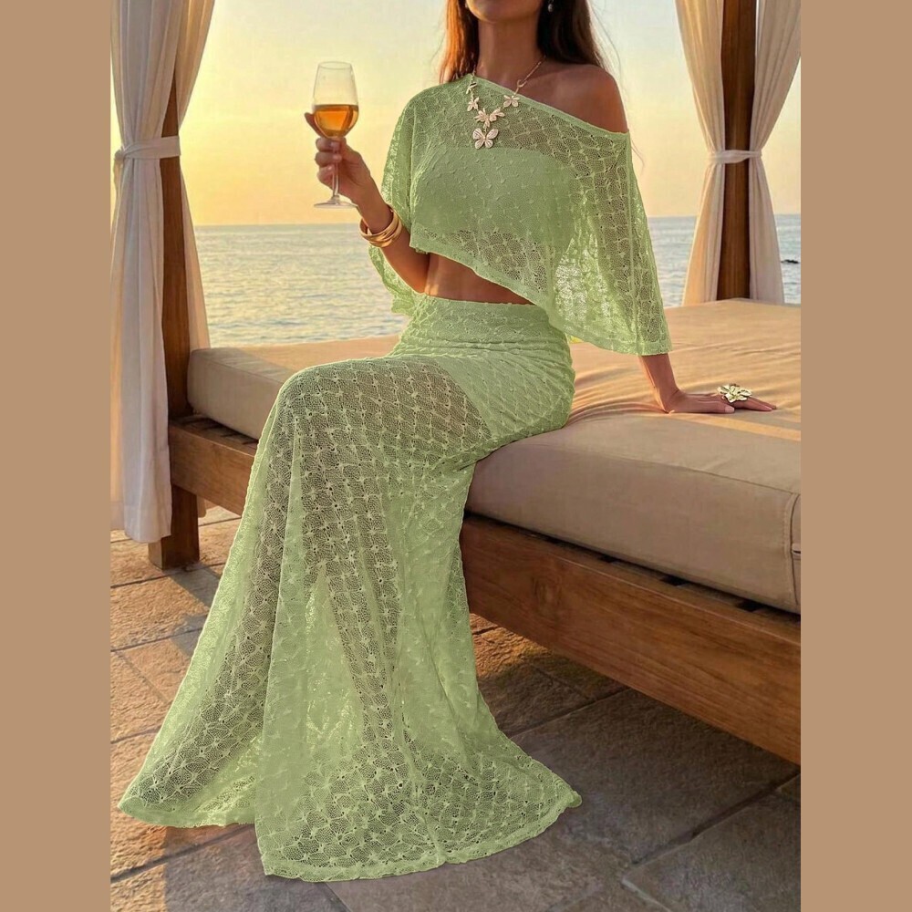 Sage Green Crochet Lace One-Shoulder Crop Top and Maxi Skirt Set